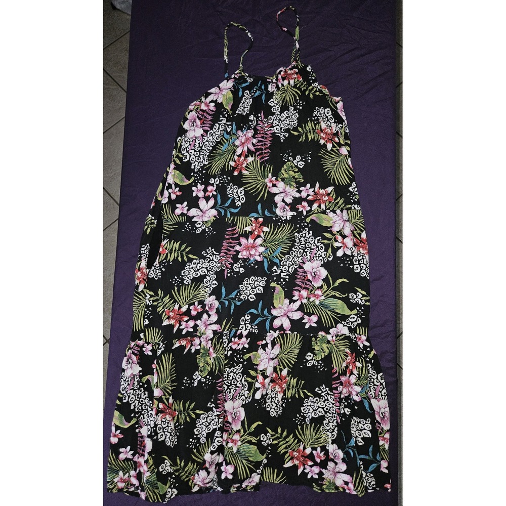Raviya Floral Tropical Leopard Print Midi Dress Black Pink Green Medium